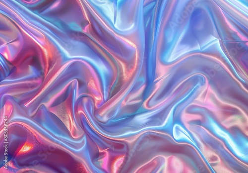 A vibrant  macro shot of a luxe iridescent silk fabric texture creating soft waves with shimmering colors