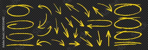 Charcoal ovals and arrows strokes different forms.Set of design elements on transparent background.Rough charcoal arrows and circles. Brush elements for notes, highlighting and underlining in text.