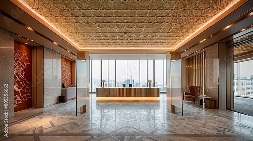 Luxurious hotel lobby with modern interior design, ambient lighting and panoramic city backdrop