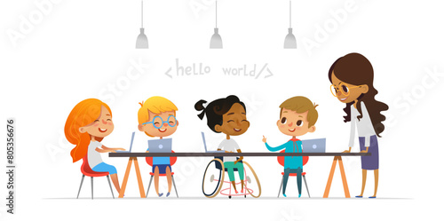 Multicultural children and friendly female teacher are learning together coding during informatics lesson. School inclusive education concept. Vector illustration for website, advertisement. © FoxyImage