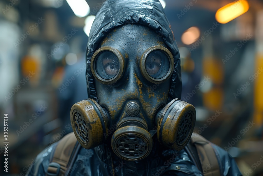 Rear view of an individual in protective clothing, suggesting work in a risky environment, possibly a contamination zone Rear view of an individual in protective clothing, suggesting work in a risky environment, possibly a contamination zone