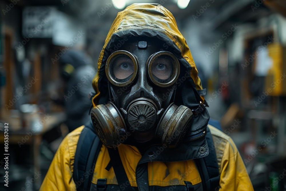Image of a worker wearing a yellow protective helmet and suit, highlighting industry safety measures Image of a worker wearing a yellow protective helmet and suit, highlighting industry safety measures