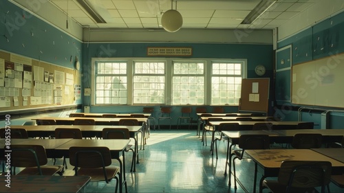 Empty classroom with desks arranged for a new school day  anticipation of learning  clean and orderly