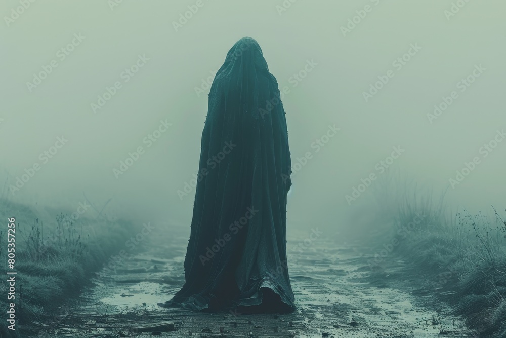 A cloaked figure stands in the middle of a desolate path with fog enveloping the background, creating a sense of mystery and suspense A cloaked figure stands in the middle of a desolate path with fog enveloping the background, creating a sense of mystery and suspense