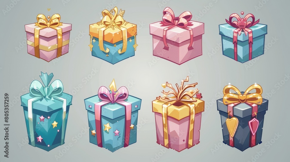 A set of cartoon modern icons for Christmas, holiday, boxing day, and new year celebrations. Gold, silver, copper birthday presents with bows. Bonus, award, casino or gamer rewards. A set of cartoon modern icons for Christmas, holiday, boxing day, and new year celebrations. Gold, silver, copper birthday presents with bows. Bonus, award, casino or gamer rewards.