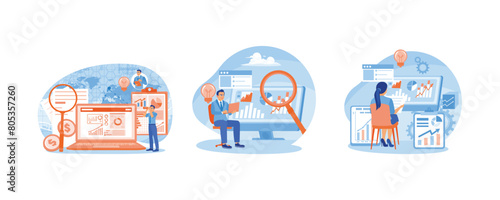 Businessman analyzing infographic charts. Managers study business data. Develop company strategies to increase revenue. Business Intelligence concept. Set flat vector illustration.