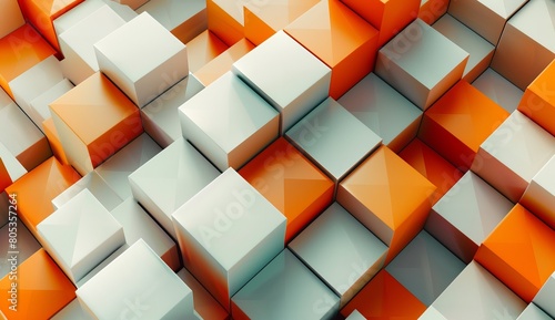 Vibrant 3D illustration of orange and white geometric cubes creating optical illusions