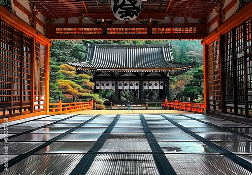 A serene view of a traditional Japanese temple's wooden interior, showcasing intricate craftsmanship and calm photo