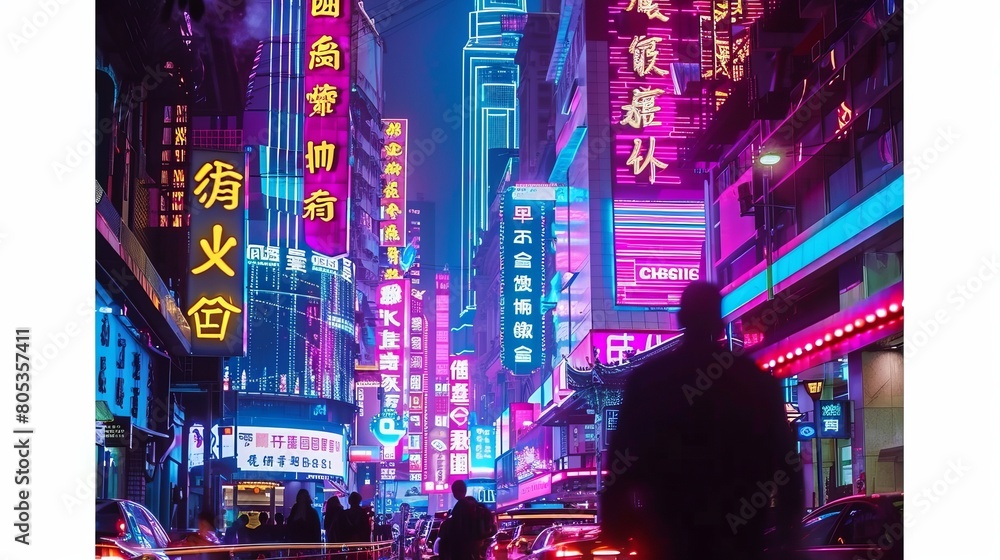 A bustling city street at night teeming with vibrant neon signs, showcasing the lively urban life of a modern Chinese metropolis