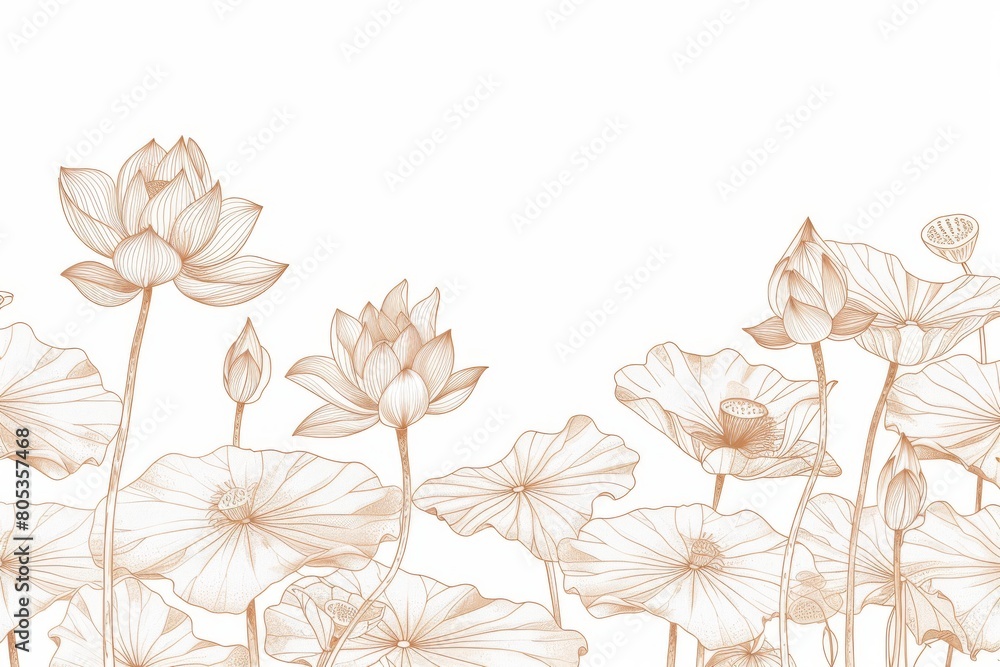 Gold colored lotus flowers and leaves against a white background, embodying purity and enlightenment