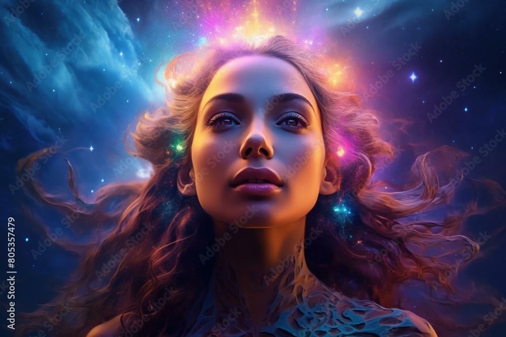 Intuitive Spiritual ethereal young girl galaxy. Cute person star portrait face. Generate Ai Intuitive Spiritual ethereal young girl galaxy. Cute person star portrait face. Generate Ai