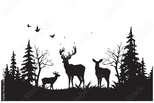 Black silhouette Vector forest and sum deer and bird white background