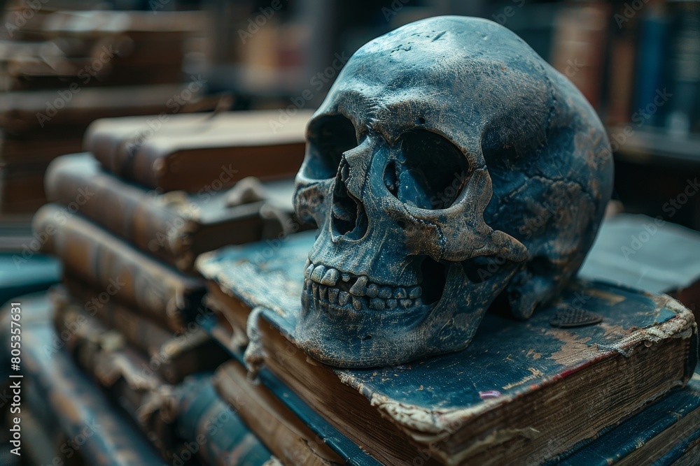 Close-up image of a blue-toned human skull in front of a stack of aged books, symbolizing learning and the finite nature of life Close-up image of a blue-toned human skull in front of a stack of aged books, symbolizing learning and the finite nature of life