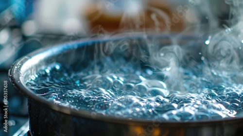 Boiling water as it boils and steams.