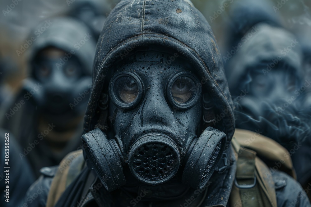 Elite squad in hazmat suits with blur face holding firearms in a contaminated environment Elite squad in hazmat suits with blur face holding firearms in a contaminated environment