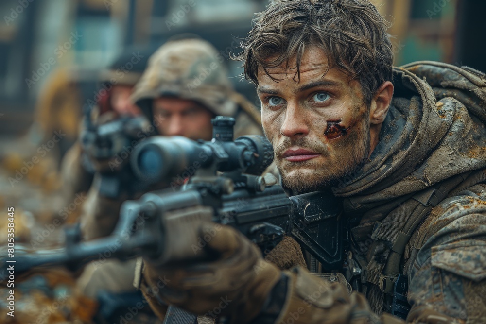 A male soldier with a striking gaze and facial scars aims his weapon in a battle scenario A male soldier with a striking gaze and facial scars aims his weapon in a battle scenario