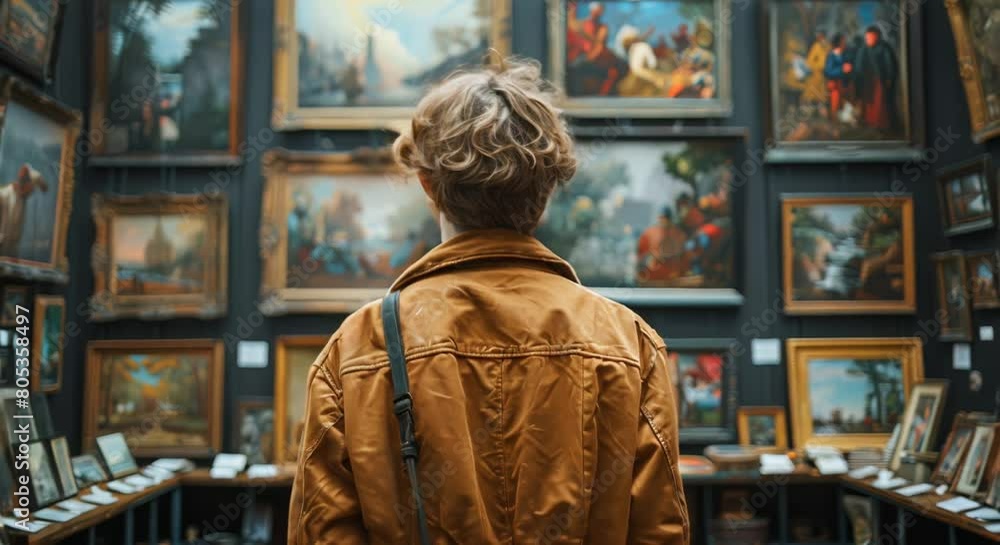 Art gallery owner assessing valuable paintings, cultured and refined Art gallery owner assessing valuable paintings, cultured and refined