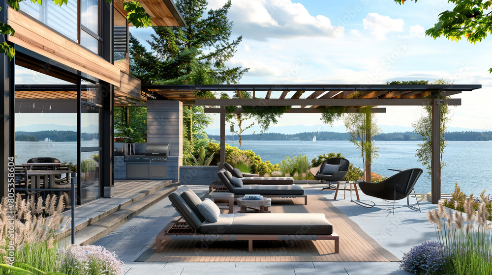 An inviting outdoor living area designed for relaxation, with a breathtaking backdrop of Puget Sound, outfitted with comfortable lounge chairs, a chic pergola, 