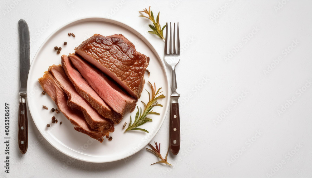 grilled beef steak served with french fries and fork in a plate with letter space