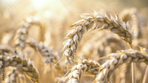 ears of wheat sway in the wind on a field on a sunny day, close up