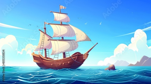 This is a modern illustration of an old wooden ship sailing in the sea, with mast tower, white sails, and anchor floating on rippling waters under a blue sky. This is a travel game scene.