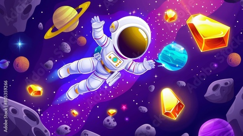 Cosmonaut in spacesuit on dark outer space landscape with planets and asteroids  cartoon illustration of cute astronaut in cosmos with alien planets  comets and stars.