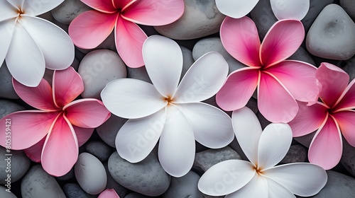 Pink and white plumeria flowers on a bed of gray pebbles photo