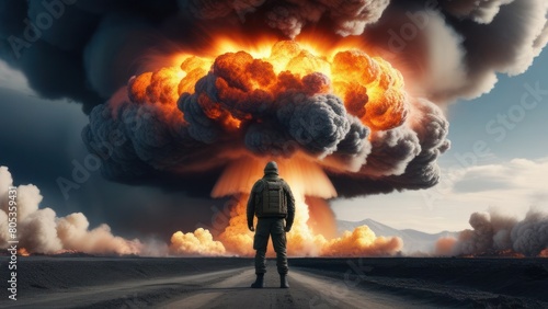 military watching huge nuclear bomb explosion with a mushroom cloud in the desert, back view, weapon of mass destruction. Retro style photo