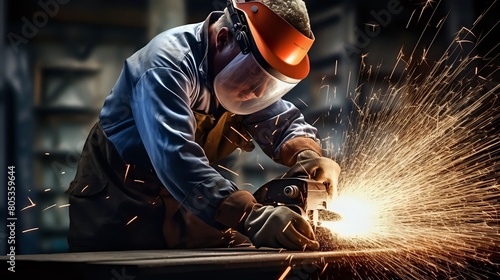 Industrial worker using a grinder photo