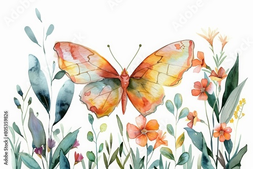 A charming watercolor painting of a butterfly garden with fluttering wings and blooming flowers  Clipart minimal watercolor isolated on white background