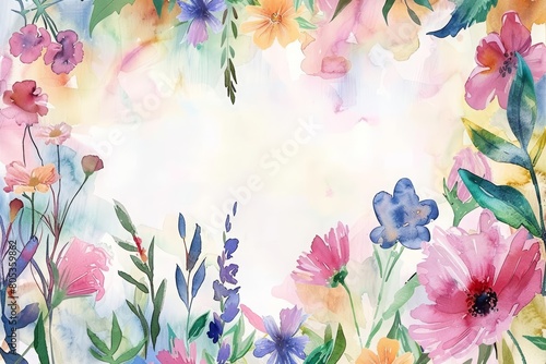 A creative watercolor template for a floral boarder frame surrounds a blank card