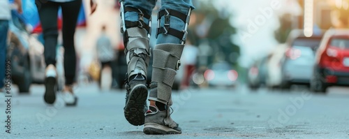 The image captures the lower body of a man with a prosthetic leg, showcasing mobility and technology in a street setting.