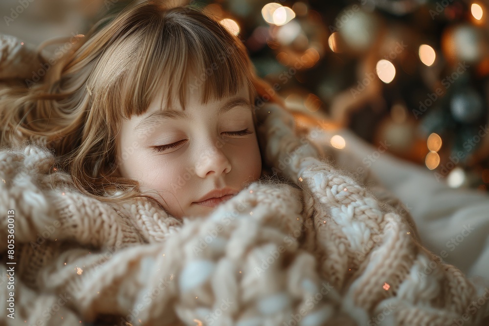 Image features a young girl asleep, enveloped in a chunky knit blanket with Christmas tree lights in the backdrop Image features a young girl asleep, enveloped in a chunky knit blanket with Christmas tree lights in the backdrop