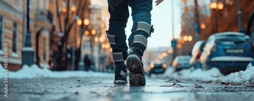 The image captures the lower body of a man with a prosthetic leg, showcasing mobility and technology in a street setting.