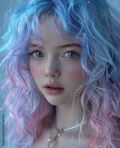 portrait of a young girl with blue hair and bright blue eyes