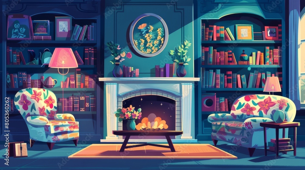 This modern cartoon illustration depicts a retro living room with a floral pattern sofa and armchairs next to a coffee table, book shelves, flowers in a vase, and pictures on the walls. This modern cartoon illustration depicts a retro living room with a floral pattern sofa and armchairs next to a coffee table, book shelves, flowers in a vase, and pictures on the walls.