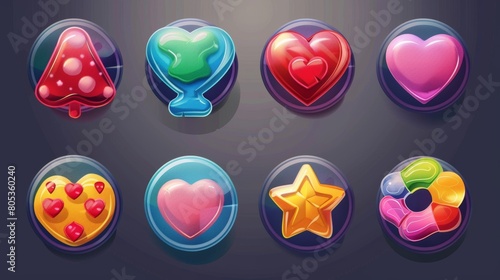 Cartoon set of colorful sweet candies isolated on background. Modern illustration of round, square, oval, star and heart shapes. Casino mobile app design elements.