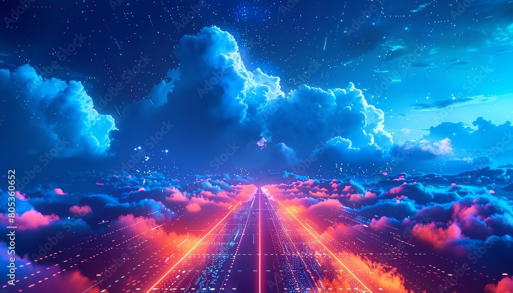Dynamic IT roadmap, eyelevel, among floating data clouds, vibrant colors, modern tech journey Dynamic IT roadmap, eyelevel, among floating data clouds, vibrant colors, modern tech journey