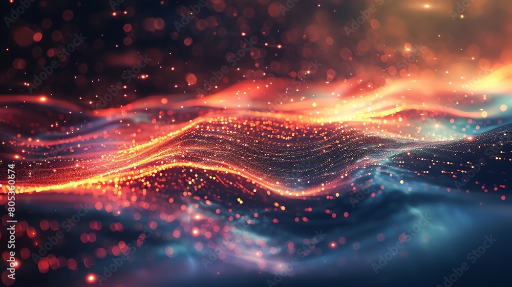 Fototapeta premium Ethereal tech landscape, panoramic, circuits weaving through mystical light, softfocus, magical