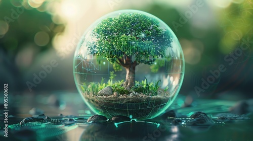 Ecotech globe, closeup, with a lush tree, digital roots intertwining, sustainable world concept #805360682