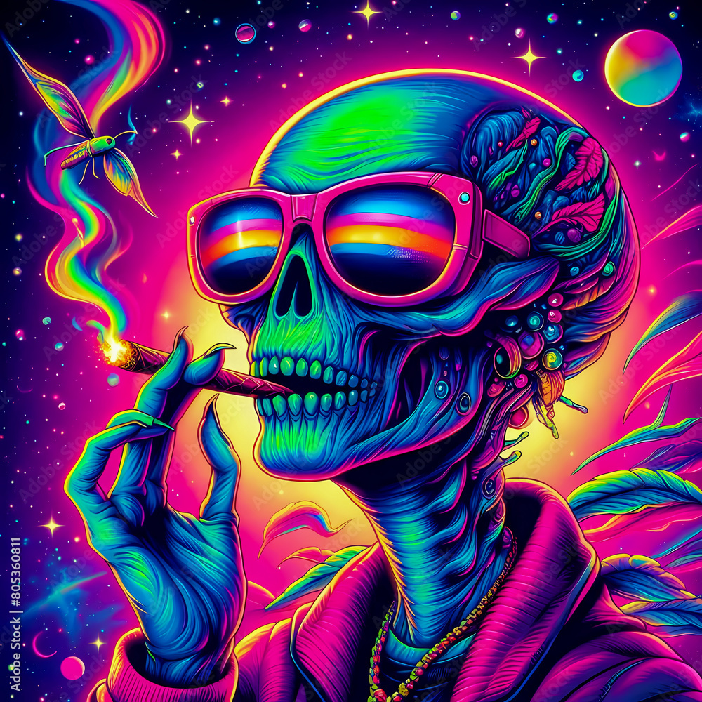 digital art vibrant colorful psychedelic cool hiphop alien smoking a blunt