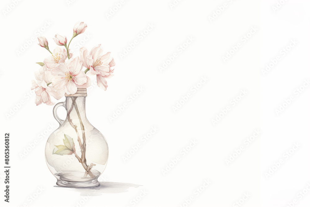 Single stem of cherry blossom in a delicate vase, subtle watercolor, hand-drawn clipart, watercolor, hand-drawn, floral decor, botanical, clipart