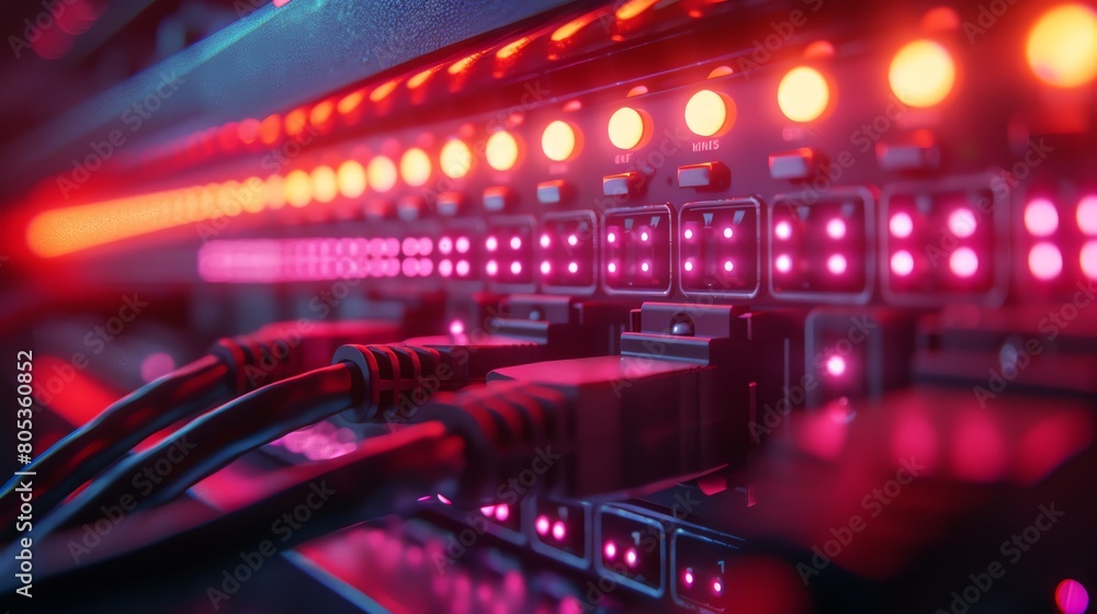 Macro view of switch in rack, glowing status LEDs, sharp detail, ethernet cable connectivity Macro view of switch in rack, glowing status LEDs, sharp detail, ethernet cable connectivity