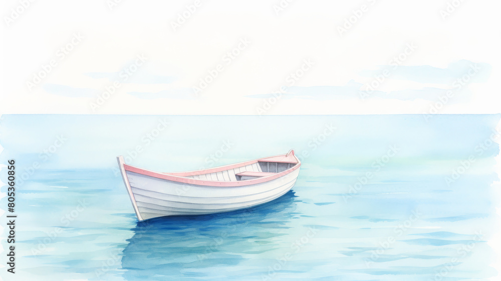 Naklejka premium A serene watercolor painting capturing a single boat floating on a tranquil sea, depicted in soothing summer-themed pastel colors, evoking a sense of peaceful solitude.