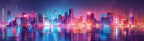 Metaverse tech skyline  panoramic view  neon streams linking buildings  dynamic smart city night