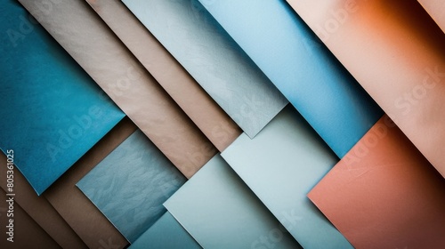 From the above arrangement of vibrant cardboard sheets in tones of blue, grey, and brown photo