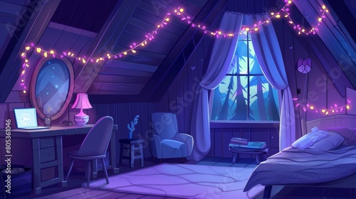 This modern illustration shows a dark teenager s bedroom with a laptop on a desk  a cozy bed and chair  a mirror on the wall  garland lights  and a forest view.