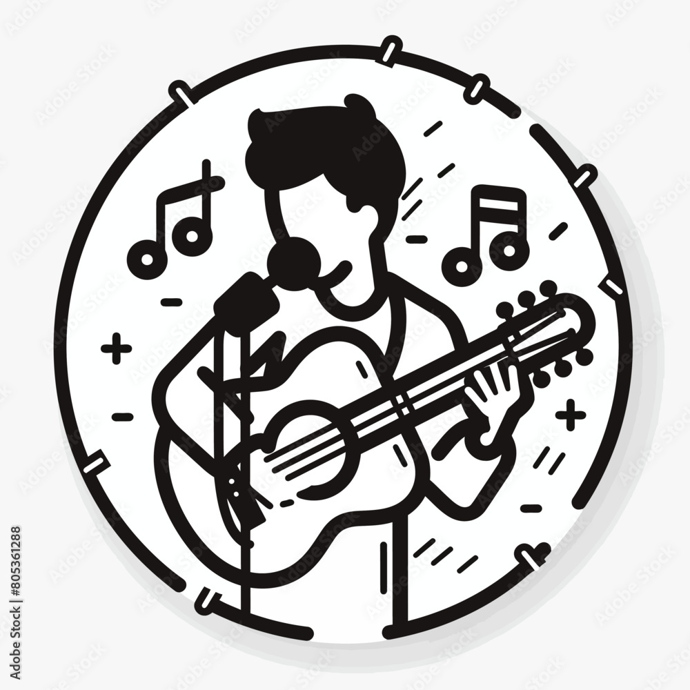 Musician icon UI design black round frame flat linear vector icon whte background