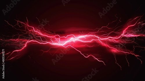 Isolated on black background, thunder lightning modern electric power effect illustration. Red spark blast effects vfx illustration. Flash lighting explosion magical spell attack. Energetic discharge photo