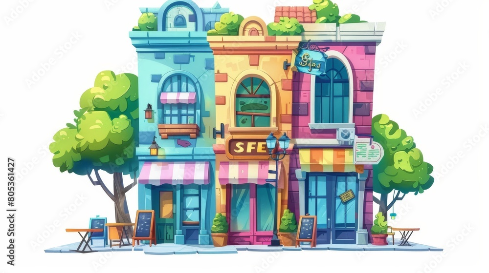 Shop and cafe buildings exterior, storefront on a city street. Isolated commercial buildings and stores in townhouses on white background, modern cartoon illustration. Shop and cafe buildings exterior, storefront on a city street. Isolated commercial buildings and stores in townhouses on white background, modern cartoon illustration.